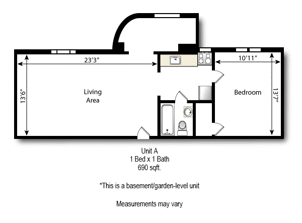 Floor plan for 1 bed, 1 bath, 690 sqft